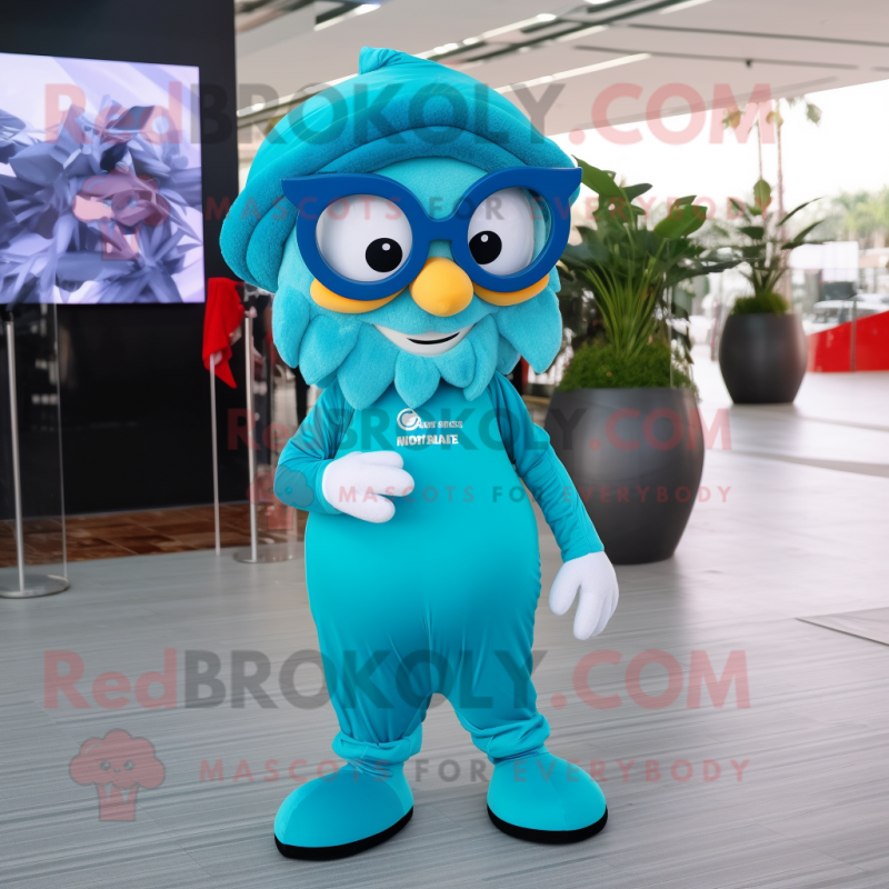 Cyan Heart mascot costume character dressed with a Jumpsuit and Eyeglasses Cyan Heart mascot costume character dressed with a Jumpsuit and Eyeglasses