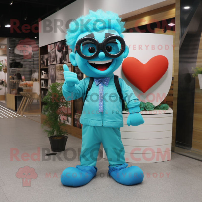 Cyan Heart mascot costume character dressed with a Jumpsuit and Eyeglasses Cyan Heart mascot costume character dressed with a Jumpsuit and Eyeglasses