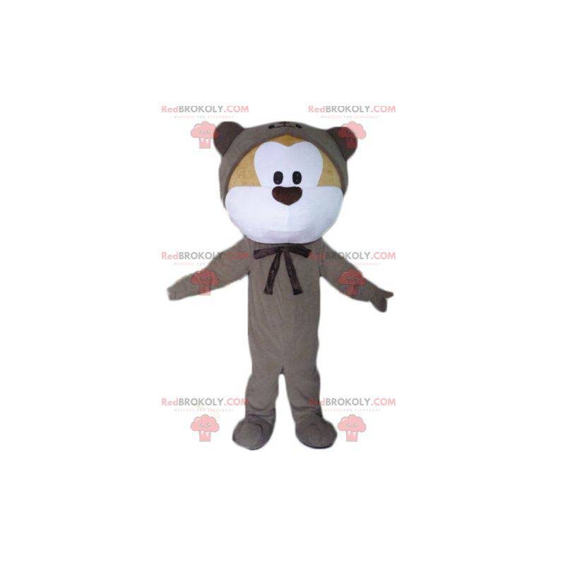 Mascote urso de pelúcia bege e branco em combinação cinza -