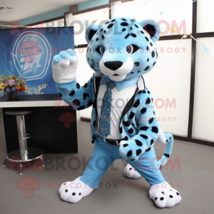 Sky Blue Leopard mascot costume character dressed with a T-Shirt and Tie pins