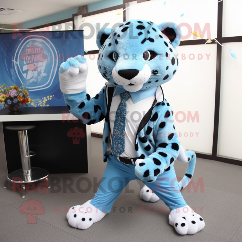 Sky Blue Leopard mascot costume character dressed with a T-Shirt and Tie pins Sky Blue Leopard mascot costume character dressed with a T-Shirt and Tie pins