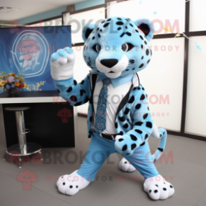 Sky Blue Leopard mascot costume character dressed with a T-Shirt and Tie pins