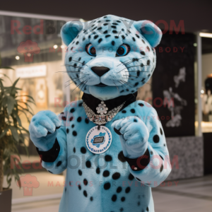 Sky Blue Leopard mascot costume character dressed with a T-Shirt and Tie pins