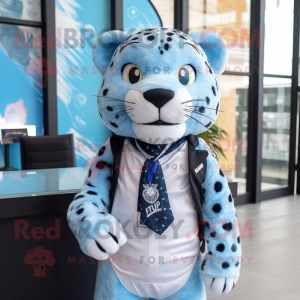 Sky Blue Leopard mascot costume character dressed with a T-Shirt and Tie pins