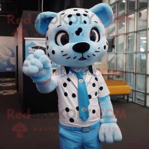 Sky Blue Leopard mascot costume character dressed with a T-Shirt and Tie pins