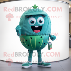 Teal Watermelon mascot costume character dressed with a Jeggings and Keychains