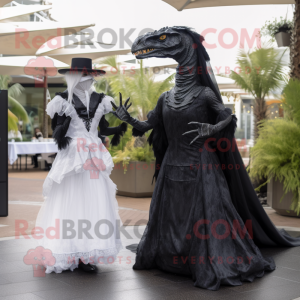 Black Velociraptor mascot costume character dressed with a Wedding Dress and Wraps