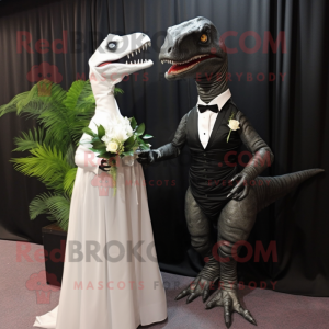 Black Velociraptor mascot costume character dressed with a Wedding Dress and Wraps