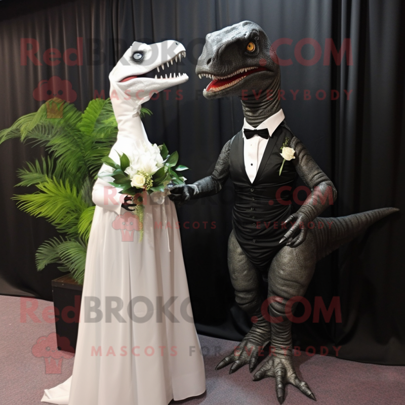 Black Velociraptor mascot costume character dressed with a Wedding Dress and Wraps Black Velociraptor mascot costume character dressed with a Wedding Dress and Wraps