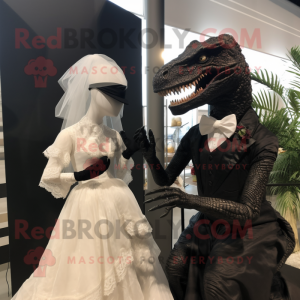 Black Velociraptor mascot costume character dressed with a Wedding Dress and Wraps