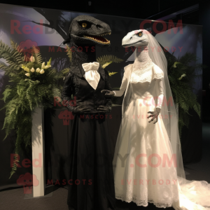 Black Velociraptor mascot costume character dressed with a Wedding Dress and Wraps