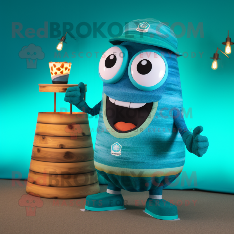 Teal Scented Candle mascot costume character dressed with a Board Shorts and Rings Teal Scented Candle mascot costume character dressed with a Board Shorts and Rings