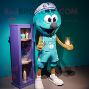 Teal Scented Candle mascot costume character dressed with a Board Shorts and Rings