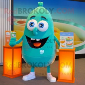 Teal Scented Candle mascot costume character dressed with a Board Shorts and Rings
