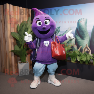 Purple Beet mascot costume character dressed with a Sweatshirt and Handbags