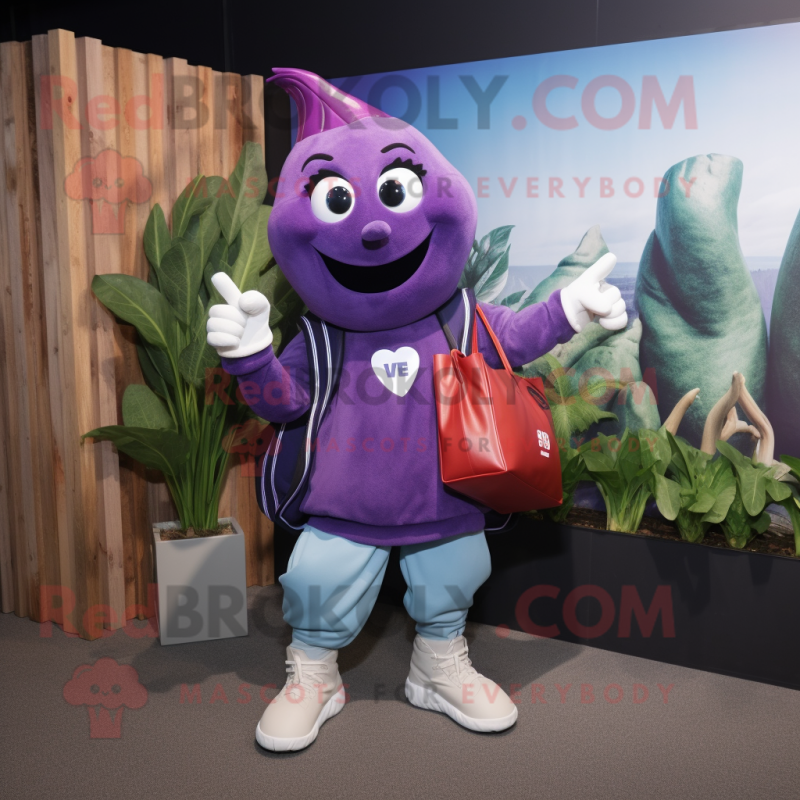 Purple Beet mascot costume character dressed with a Sweatshirt and Handbags Purple Beet mascot costume character dressed with a Sweatshirt and Handbags