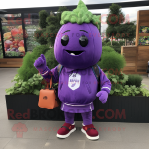 Purple Beet mascot costume character dressed with a Sweatshirt and Handbags