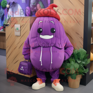 Purple Beet mascot costume character dressed with a Sweatshirt and Handbags