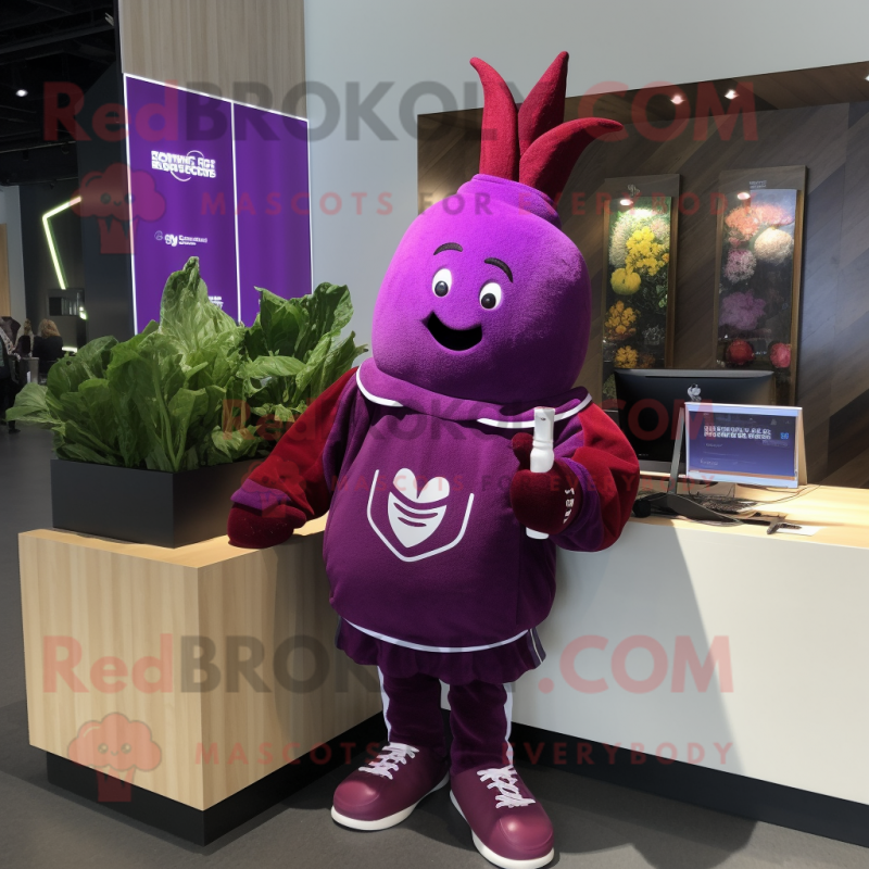 Purple Beet mascot costume character dressed with a Sweatshirt and Handbags