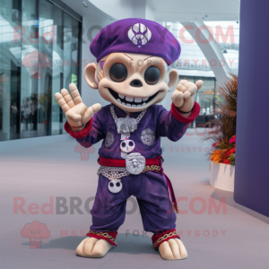 Purple Skull mascot costume character dressed with a Chinos and Bracelets