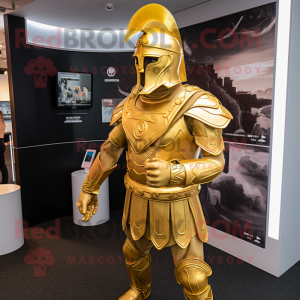 Gold Spartan Soldier mascot costume character dressed with a Waistcoat and Caps