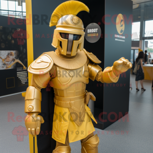 Gold Spartan Soldier mascot costume character dressed with a Waistcoat and Caps