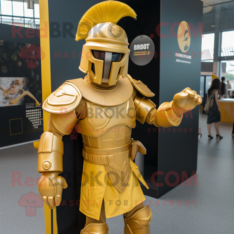 Gold Spartan Soldier mascot costume character dressed with a Waistcoat and Caps Gold Spartan Soldier mascot costume character dressed with a Waistcoat and Caps