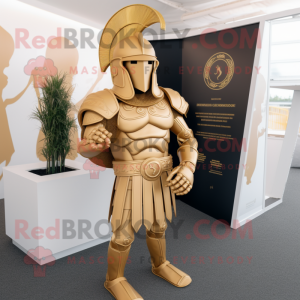 Gold Spartan Soldier mascot costume character dressed with a Waistcoat and Caps