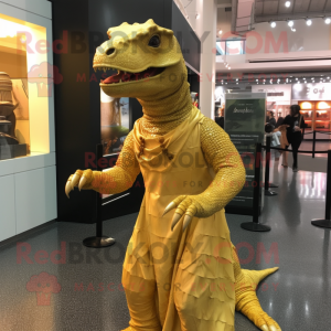 Gold Iguanodon mascot costume character dressed with a A-Line Dress and Scarf clips