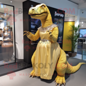 Gold Iguanodon mascot costume character dressed with a A-Line Dress and Scarf clips