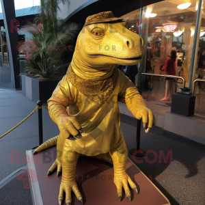 Gold Iguanodon mascot costume character dressed with a A-Line Dress and Scarf clips