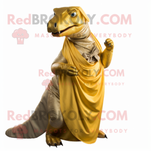 Gold Iguanodon mascot costume character dressed with a A-Line Dress and Scarf clips