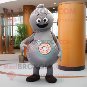 Gray Donut mascot costume character dressed with a Cover-up and Tote bags