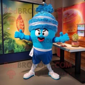 Blue Pad Thai mascot costume character dressed with a Bermuda Shorts and Headbands