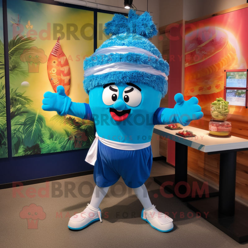 Blue Pad Thai mascot costume character dressed with a Bermuda Shorts and Headbands Blue Pad Thai mascot costume character dressed with a Bermuda Shorts and Headbands