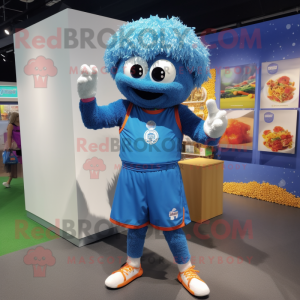 Blue Pad Thai mascot costume character dressed with a Bermuda Shorts and Headbands