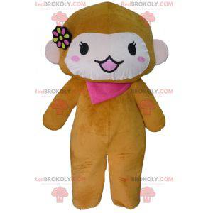 Mascote macaco marrom e rosa com um lenço e uma flor -