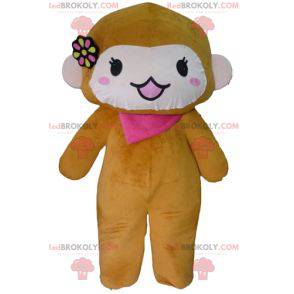 Brown and pink monkey mascot with a scarf and a flower -