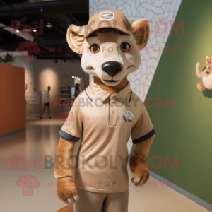 Tan Thylacosmilus mascot costume character dressed with a Polo Tee and Hairpins