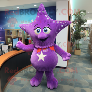Purple Starfish mascot costume character dressed with a A-Line Skirt and Hairpins
