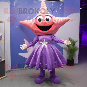 Purple Starfish mascot costume character dressed with a A-Line Skirt and Hairpins