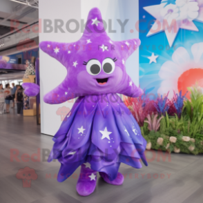 Purple Starfish mascot costume character dressed with a A-Line Skirt and Hairpins