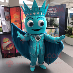 Turquoise Queen mascot costume character dressed with a Suit Jacket and Scarves