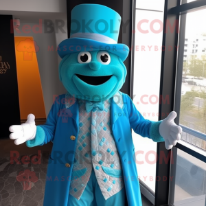 Turquoise Queen mascot costume character dressed with a Suit Jacket and Scarves