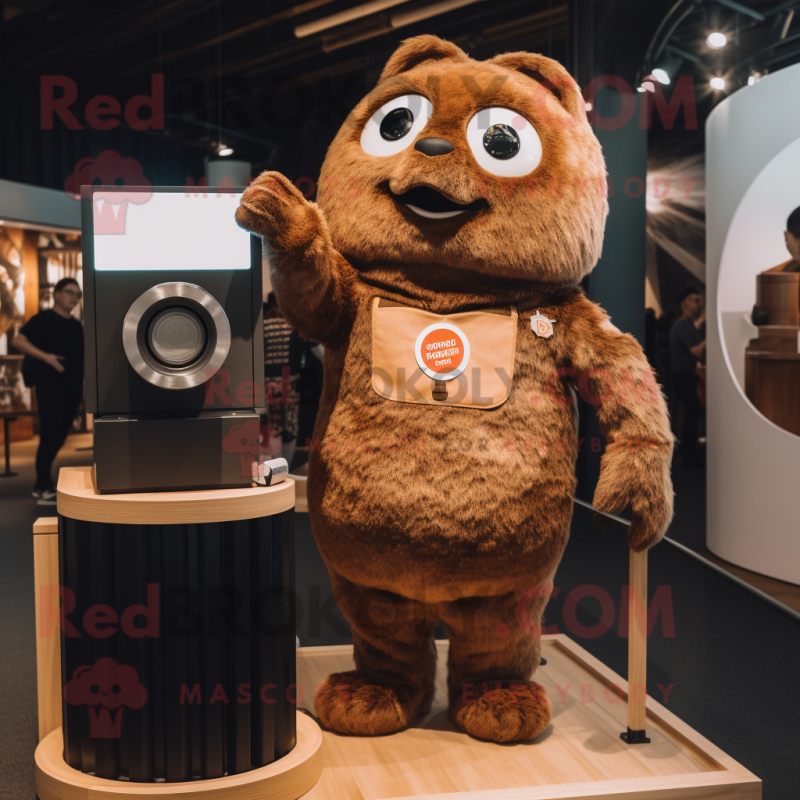 Brown Camera mascot costume character dressed with a Henley Tee and Watches