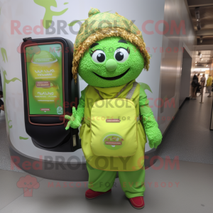 Lime Green Biryani mascot costume character dressed with a Shift Dress and Backpacks