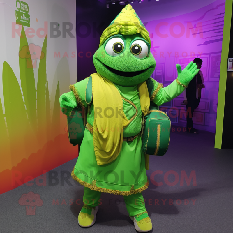 Lime Green Biryani mascot costume character dressed with a Shift Dress and Backpacks