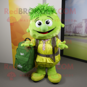 Lime Green Biryani mascot costume character dressed with a Shift Dress and Backpacks