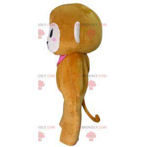 Brown and pink monkey mascot with a scarf and a flower -