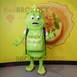 Lime Green Biryani mascot costume character dressed with a Shift Dress and Backpacks